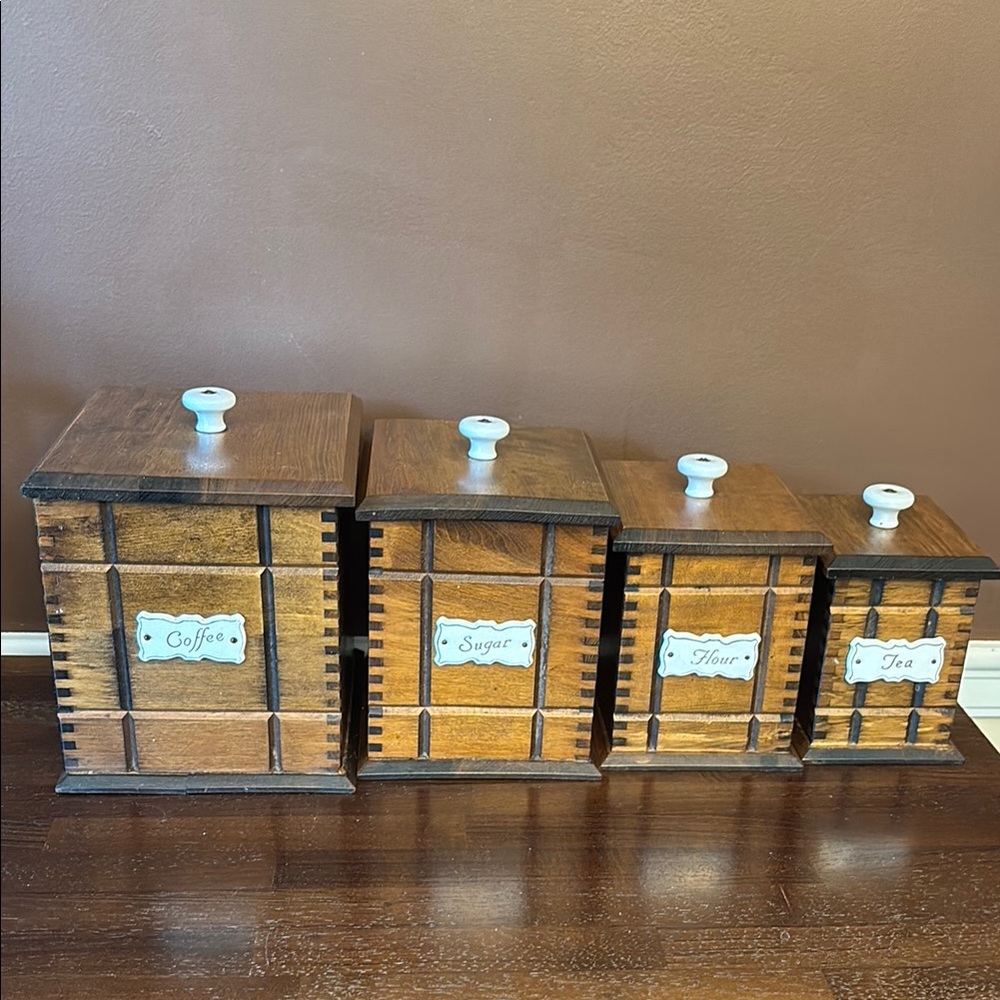 Wooden Countertop Canister Set - Coffee, Sugar, Flour, Tea (Brown)